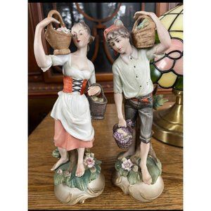 Couple Figurines Man/Woman Carrying Baskets Flowers Bisque Figurine Vintage
